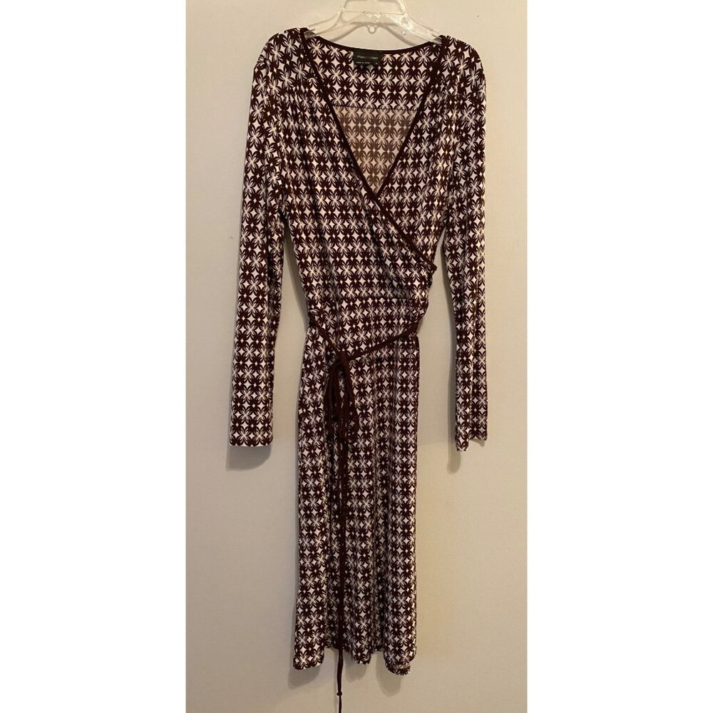 Max & Cleo Womens Brown & White Patterned Wrap Dress Medium